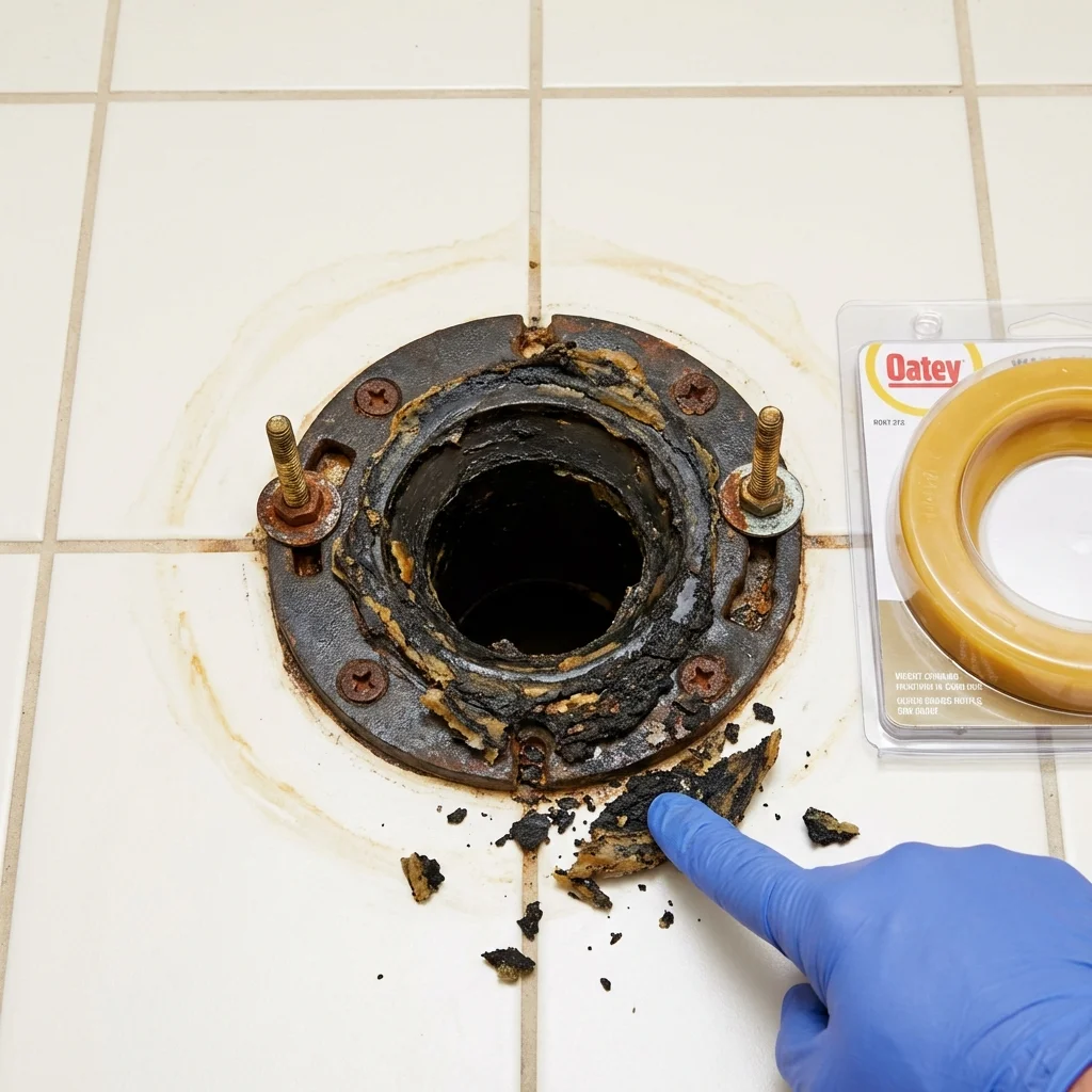 Failed wax ring showing water seepage at the base of a toilet in a Lafayette, AL home